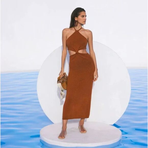 Cult Gaia Cameron Halter Knit Cutout Midi Dress in Amber Large Knotted Waist - Picture 13 of 14